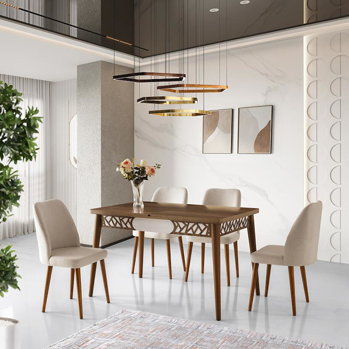 ARMİN MASA + MERİDA SANDALYE TAKIMI, HALİÇ CEVİZ, BEYAZ, 130x80