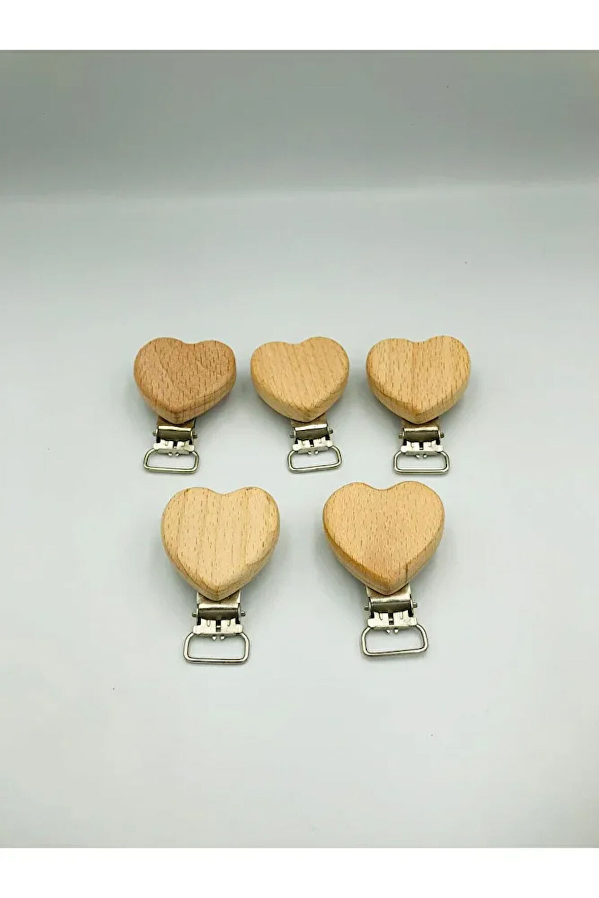5 Adet Ahşap Klips Kalp Model Klips Bebek Emzik Klipsi - Bebek Emzik Zinciri - Cilasız - Amigurumi