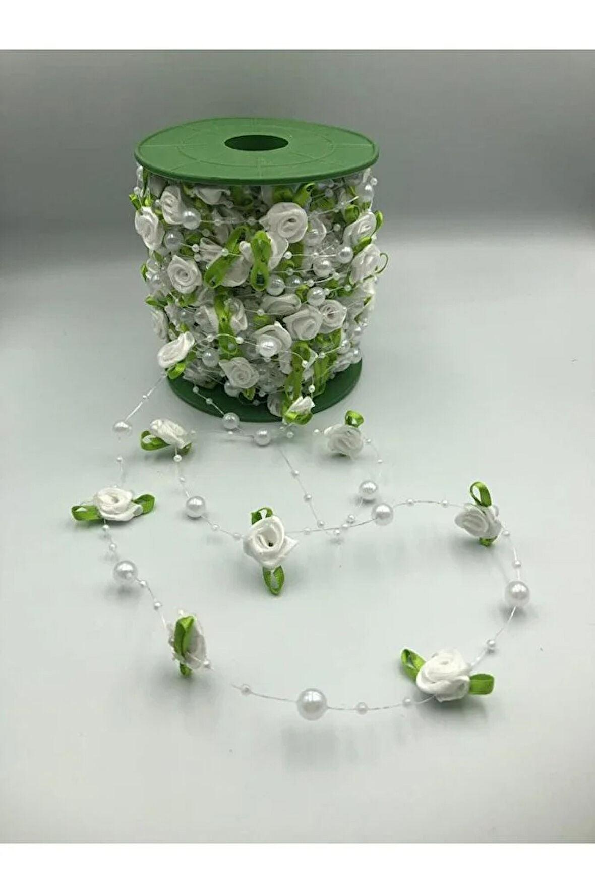 3 Metre Misinalı Şerit İnci Gül Yapraklı Boncuk Şerit Çiçek Süsleme Dekorasyon Boncuğu