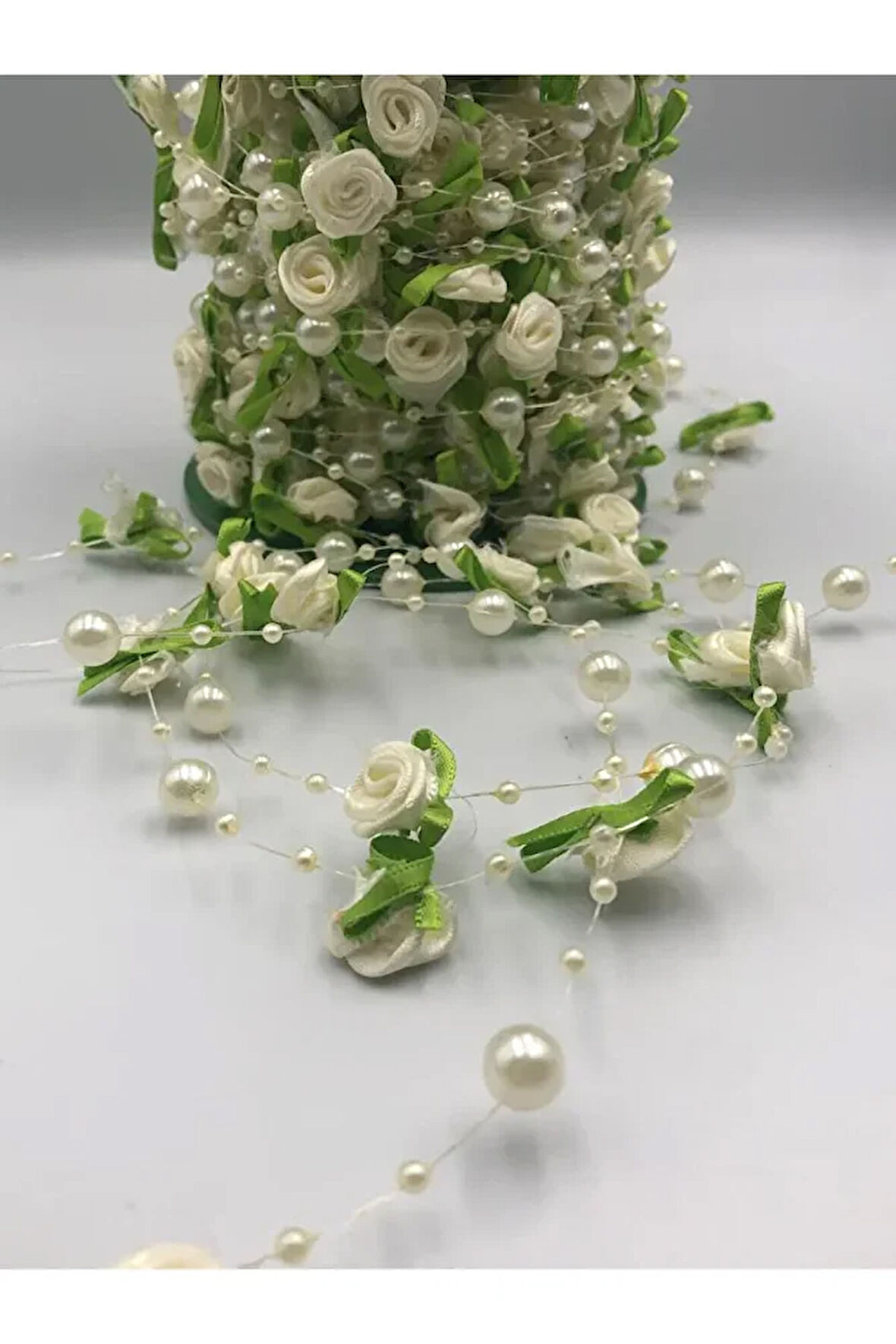 3 Metre Misinalı Şerit İnci Gül Yapraklı Boncuk Şerit Çiçek Süsleme Dekorasyon Boncuğu