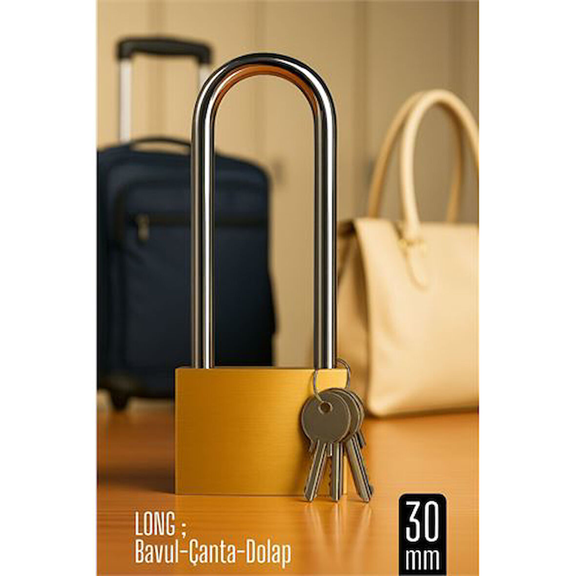 Long 30 mm Uzun Kelepçeli Bavul ve Çanta Asma Kilidi – 3 Anahtarlı, Dolap ve Seyahat İçin Güvenli