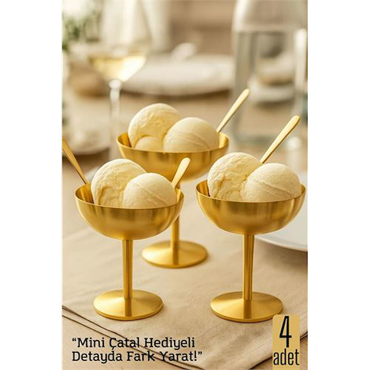 Modacar 4 lü Gold Inox Çelik Ayaklı Dondurma ve Sunum Kasesi – Tatlı, Lokum ve Sunum Kabı