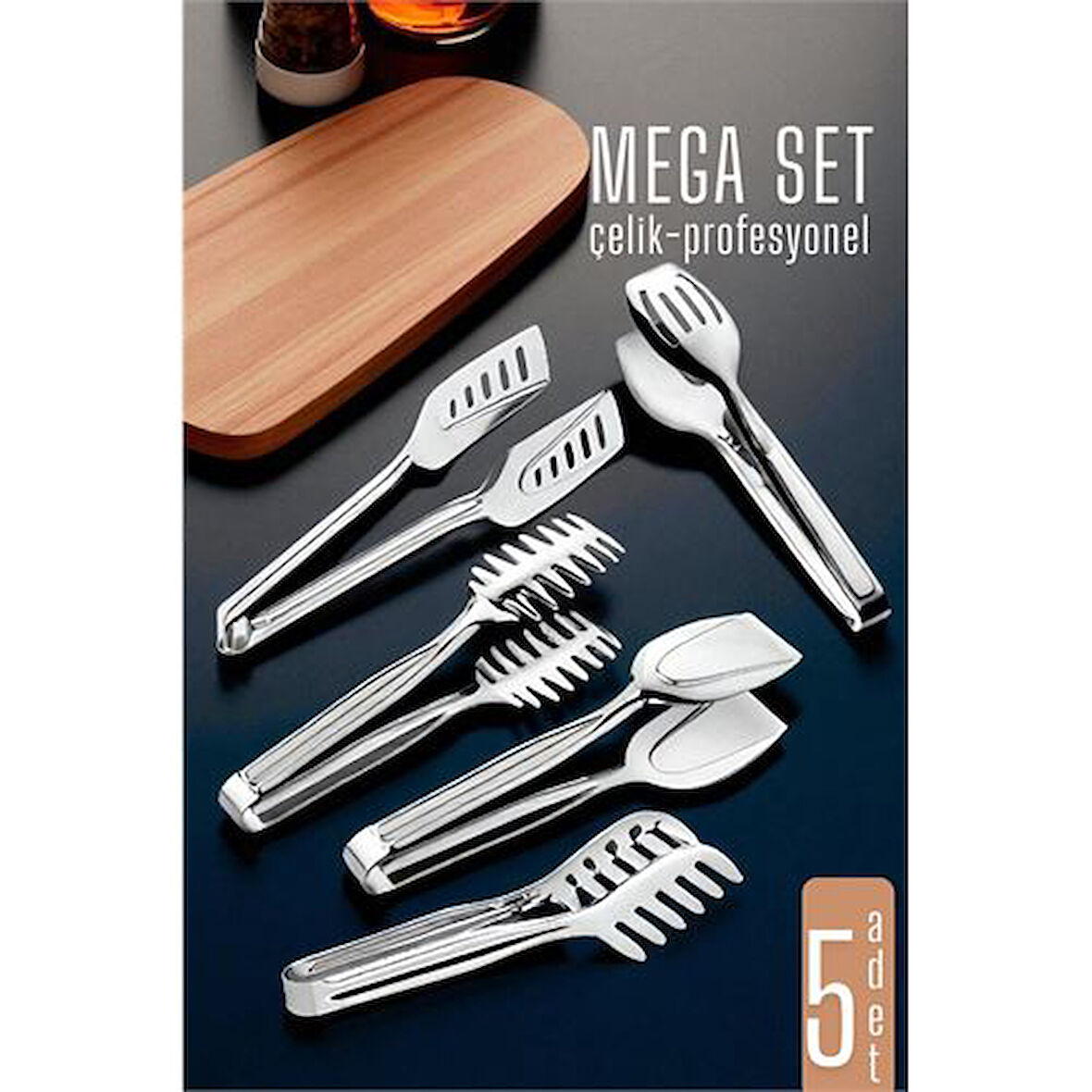 Modacar Mutfak Maşa Seti - Makarna Pasta Salata Çok Amaçlı Maşa 5 li SET 304 Paslanmaz Çelik