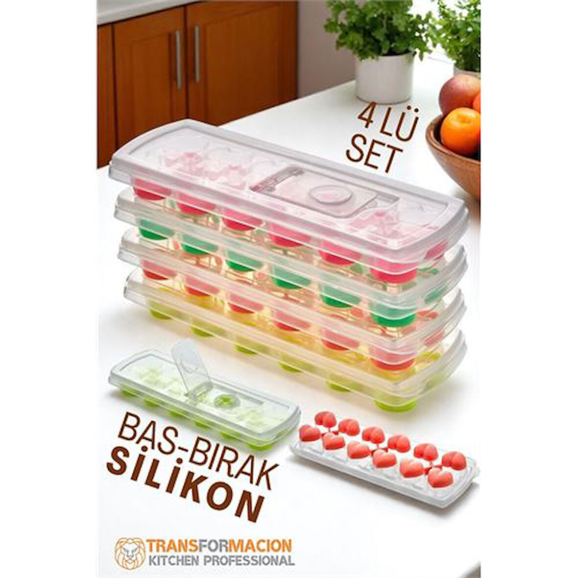 Modacar Buz Kalıbı - Bas-Bırak Kapaklı Silikon Buz Kalıbı 4 lü SET