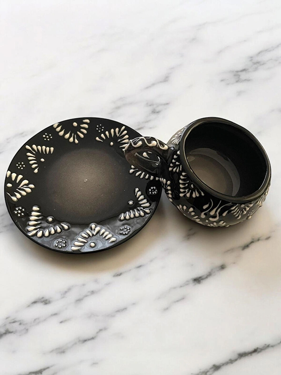 Dekoratif Şık Tasarım Tamamen El Yapımı Siyah 1 Kişilik Kahve Fincanı