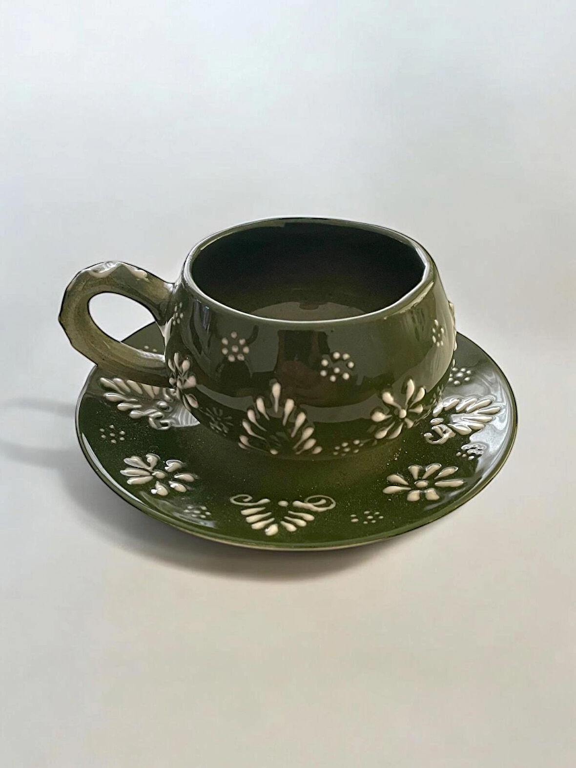 Dekoratif Şık Tasarım Tamamen El Yapımı Yeşil 1 Kişilik Kahve Fincanı