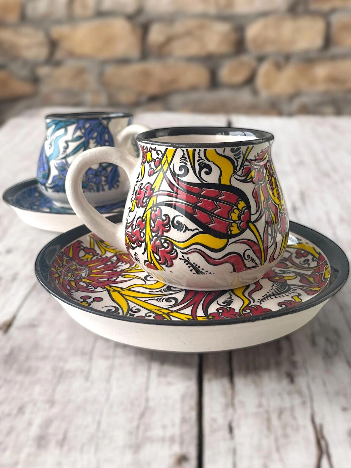 Dekoratif Çini Tasarım, Lale ve Karanfil İşlemeli Çay Kahve Fincanı Seti 2 Kişilik