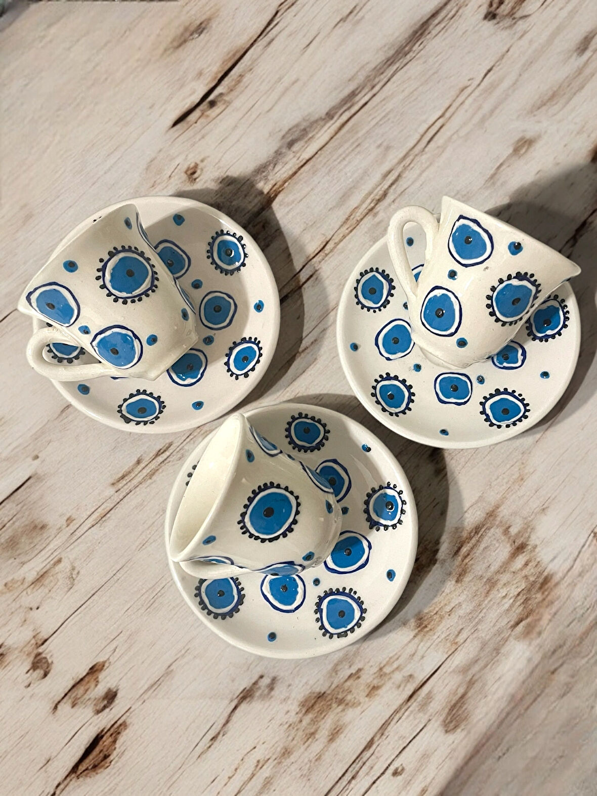 Dekoratif 3 Kişilik Şık Nazar Boncuğu Çini Tasarımlı Tamamen El Yapımı Kahve Fincan Seti
