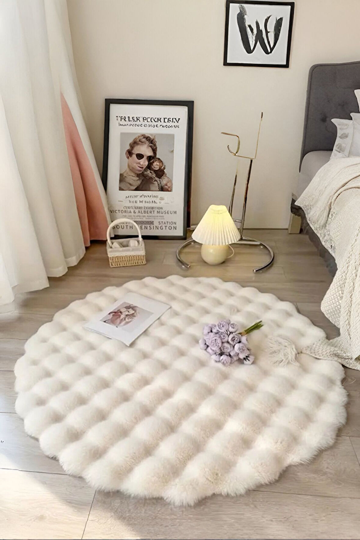 Bubble Yuvarlak Krem Uzun Tüylü Yumuşak Peluş Kaymaz Yıkanabilir Salon Oturma Odası Balkon Halı