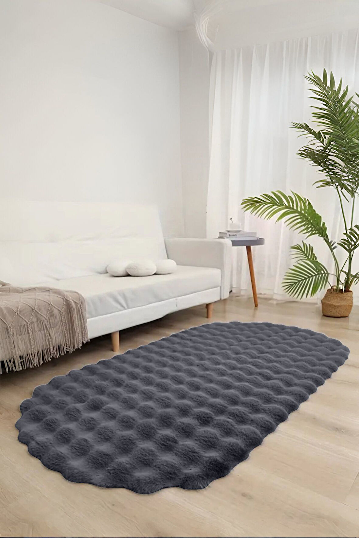 Bubble Oval Yumuşak Peluş Kaymaz Salon Oturma Odası Balkon Halısı Yolluk Antrasit