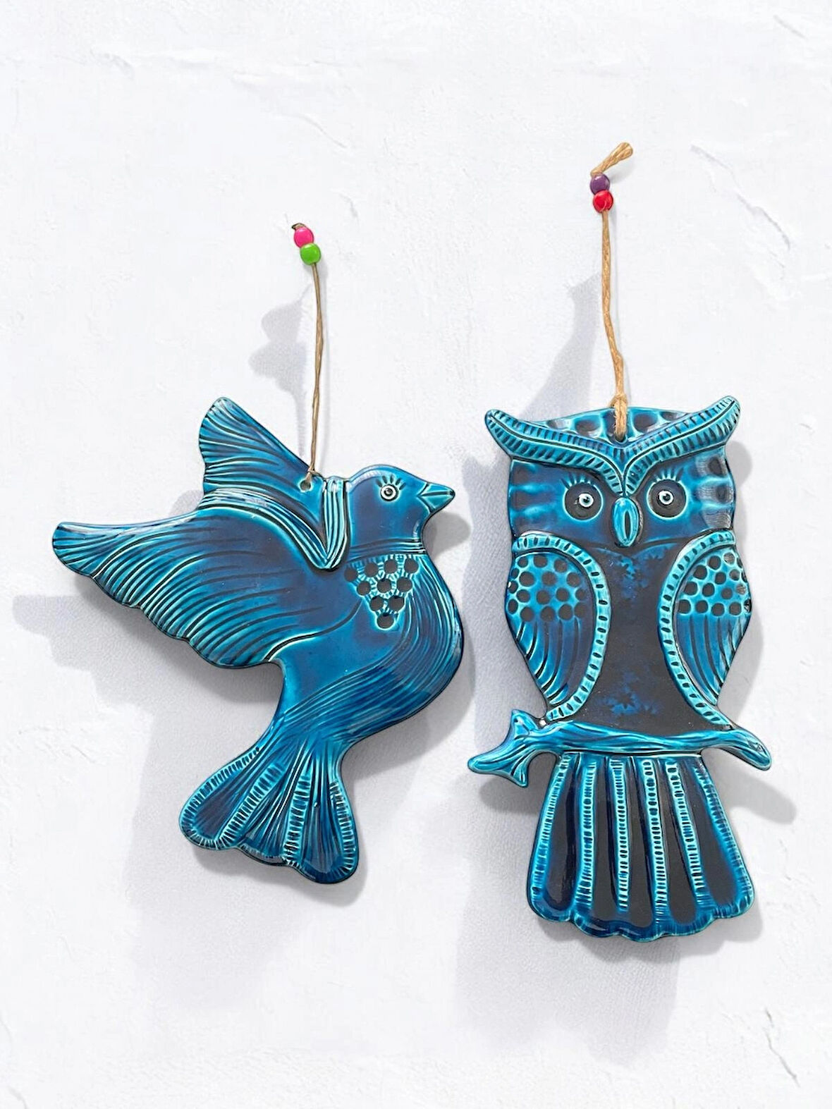 Dekoratif Büyük Boy 2 Adet El Yapımı Farklı Güvercin ve Baykuş Tasarımlı Kapı - Duvar - Bahçe Süsü