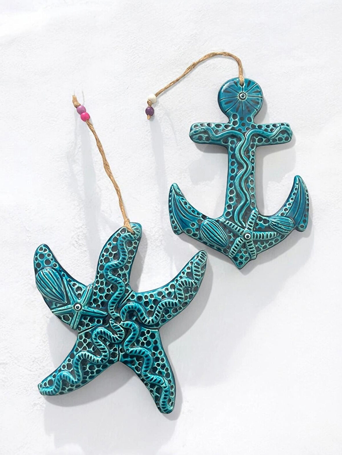 Büyük Boy 2 Adet El Yapımı Farklı Çapa ve Deniz Yıldızı Tasarımlı Kapı - Duvar - Bahçe Süsü