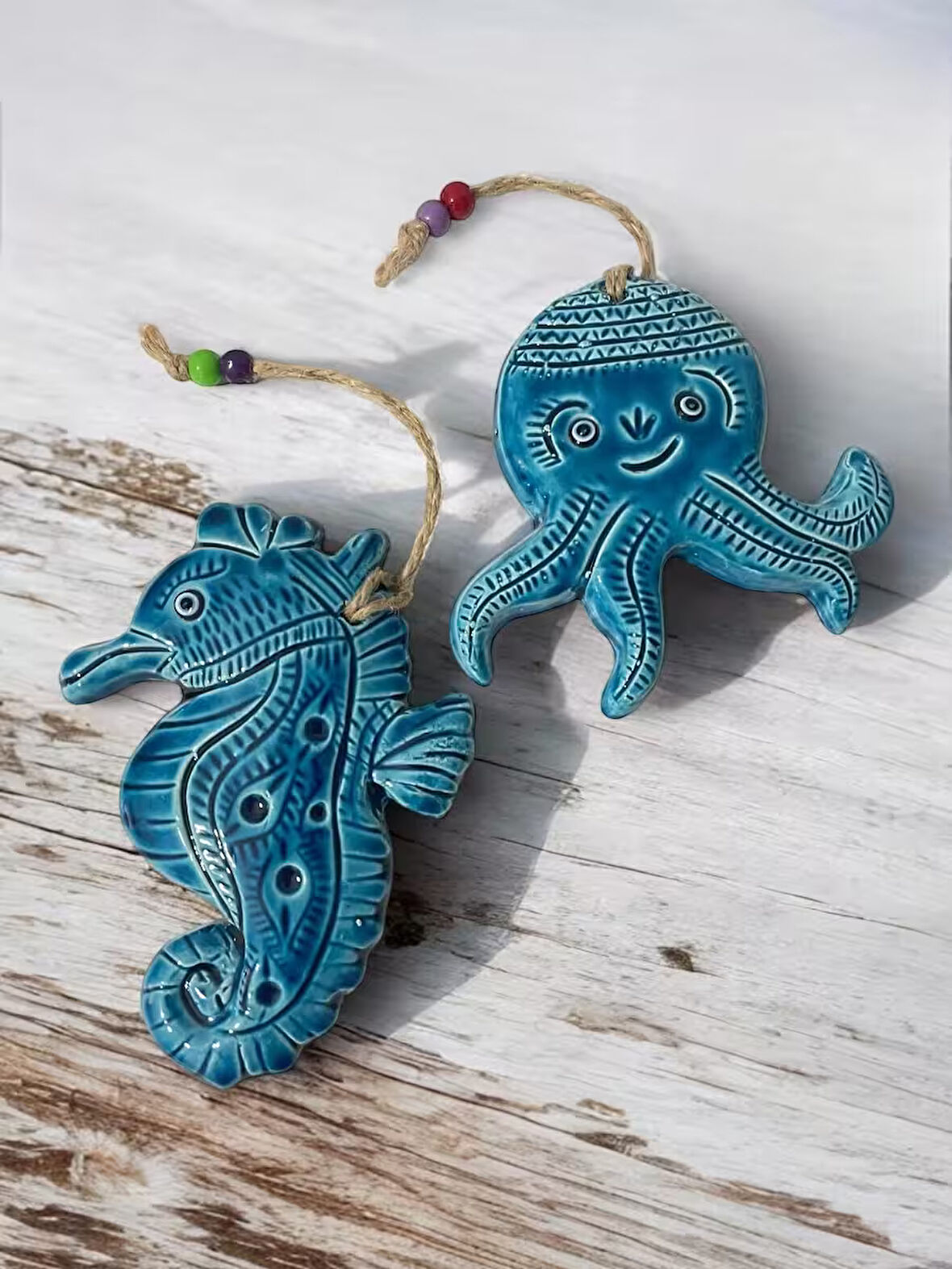 Dekoratif 2 Adet El Yapımı Farklı Ahtapot ve Deniz Atı Tasarımlı Kapı - Duvar - Bahçe Süsü