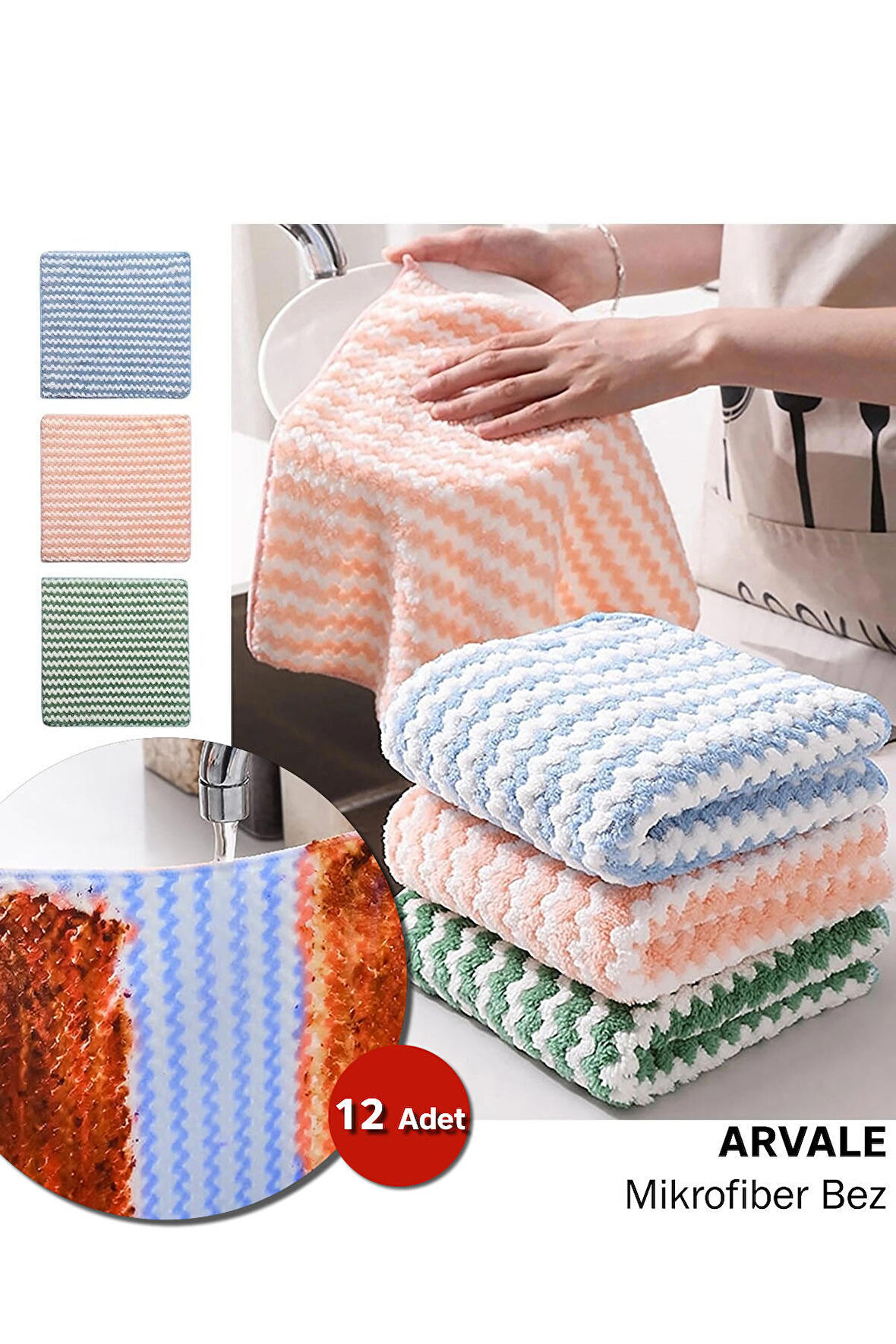 ARVALE 12 Adet Mikrofiber Bez 38x38 Süper Emici Mercan Polar Kumaş, Koku Yapmaz, Nem ve Bakteri Önler | Çeyiz Araba