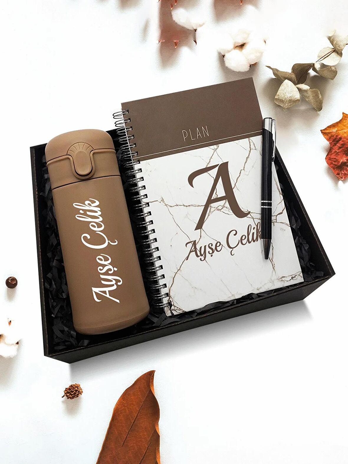 Kişiye Özel Kılıflı Matara & Telli Defter & Siyah Kalem Hediye Seti