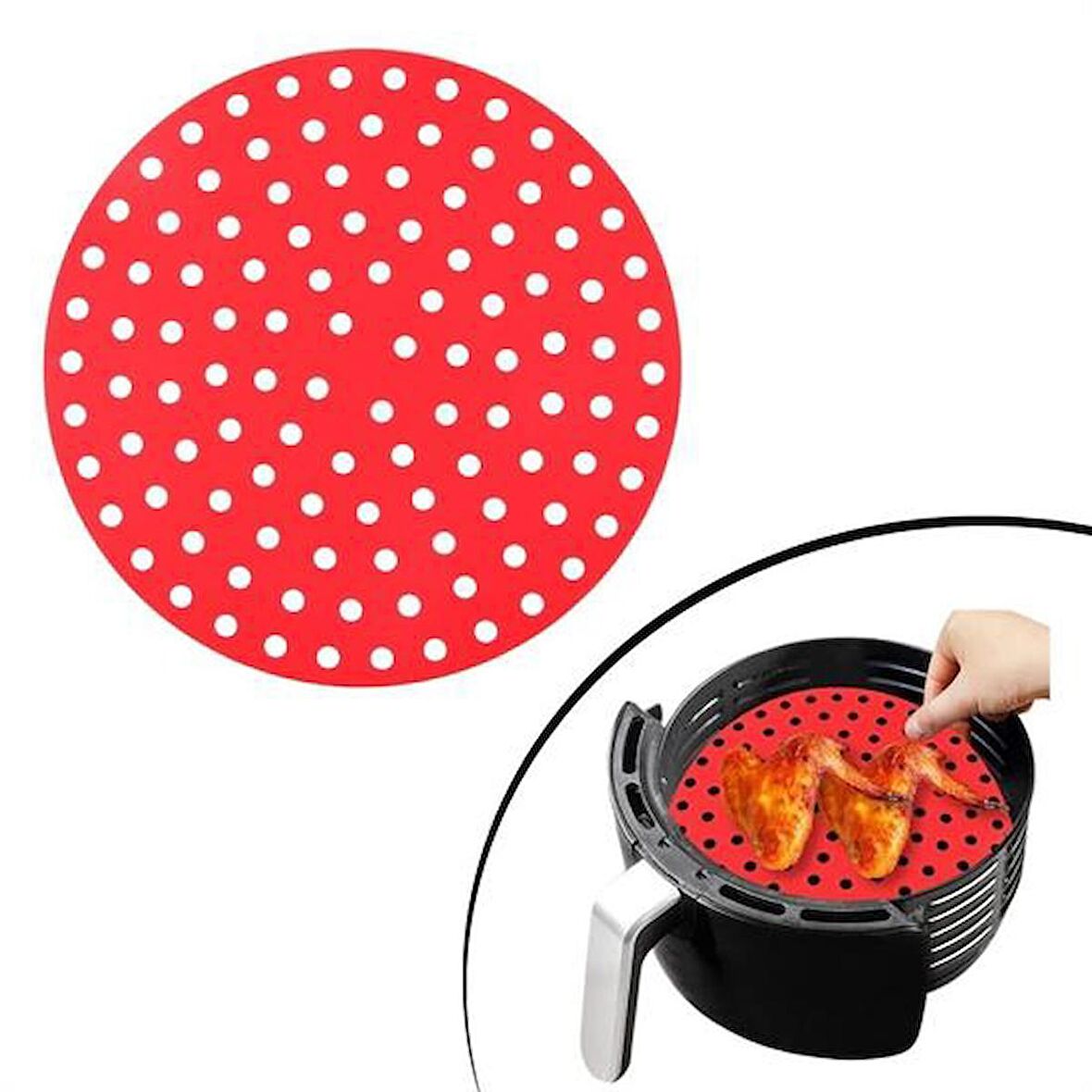 BUFFER® Renkli Isıya Dayanıklı Yıkanılabilir Silikon Fırın Ve Airfryer Yuvarlak Pişirme Matı 20 Cm (KIRMIZI)