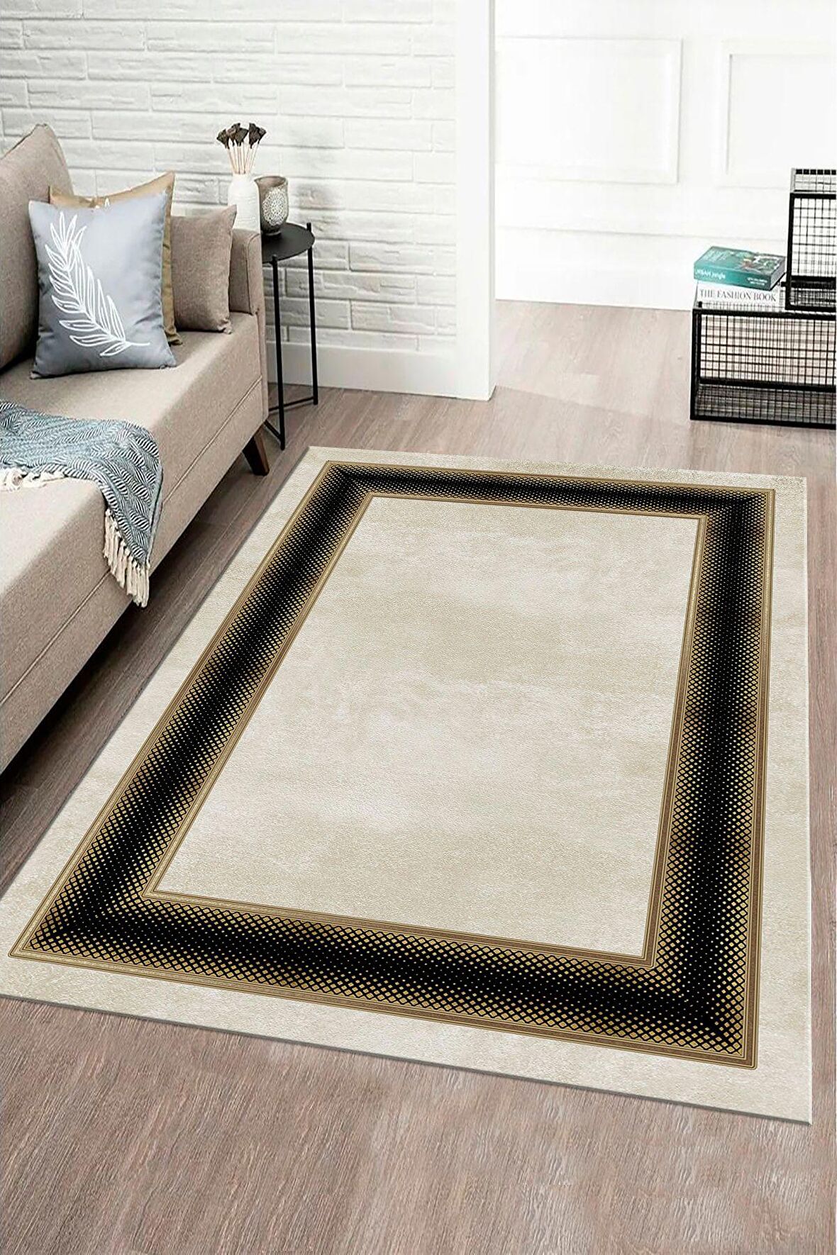 Gold-Siyah Pvc Deri Kaymaz Taban Çerçeve Salon Saçaksız Halı B1301