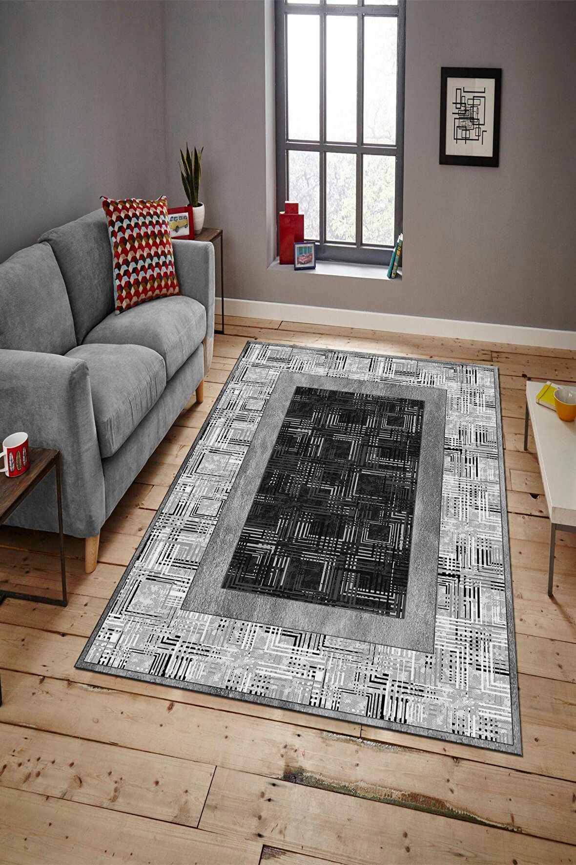 Gri Pvc Deri Kaymaz Taban Modern Salon Saçaksız Halı B1304-01