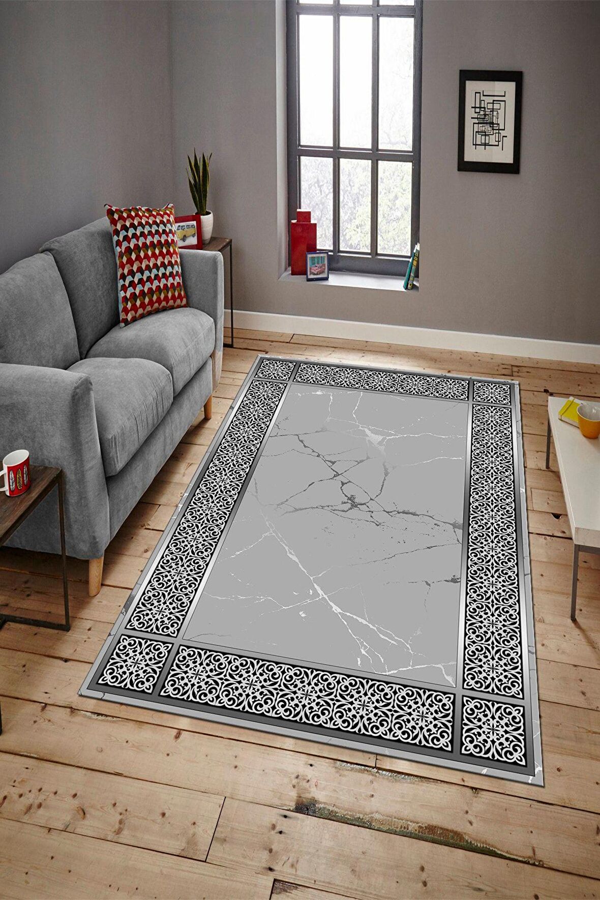 Gri Pvc Deri Kaymaz Taban Modern Salon Saçaksız Halı B1317-1