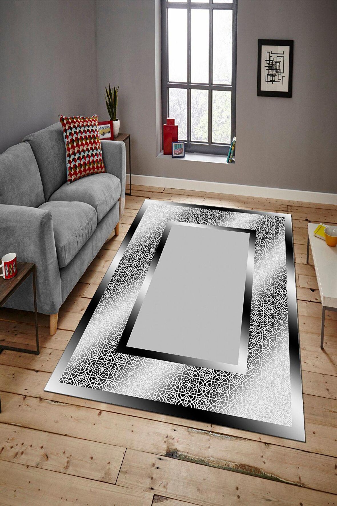 Siyah-Gri Pvc Deri Kaymaz Taban Çerçeve Salon Saçaksız Halı B1327-2