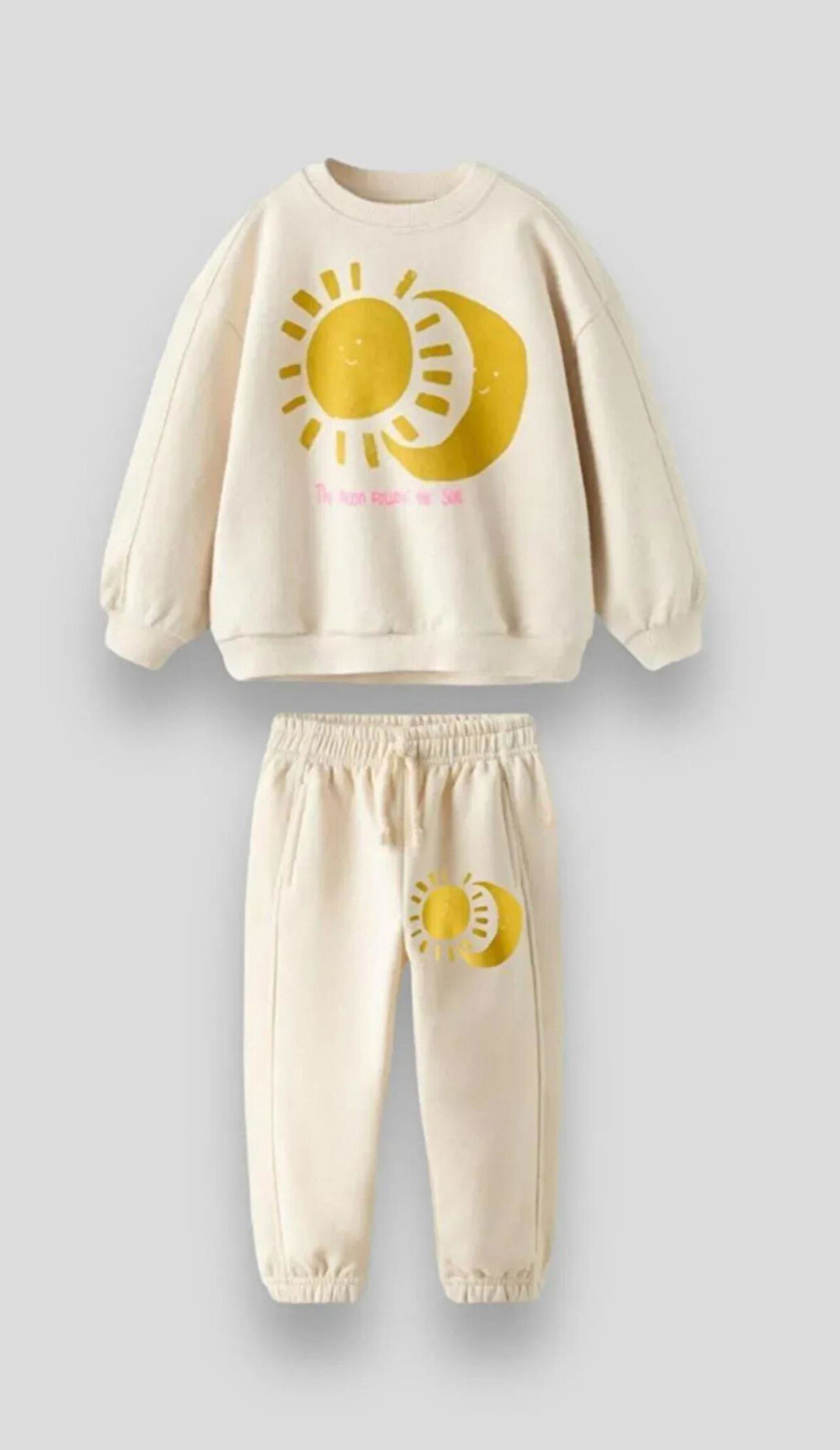 Erkek Çocuk  Ekru Güneş Ay Pamuklu 3 İplik Fırçalı Kumaş Alt Üst Eşofman Takımı
