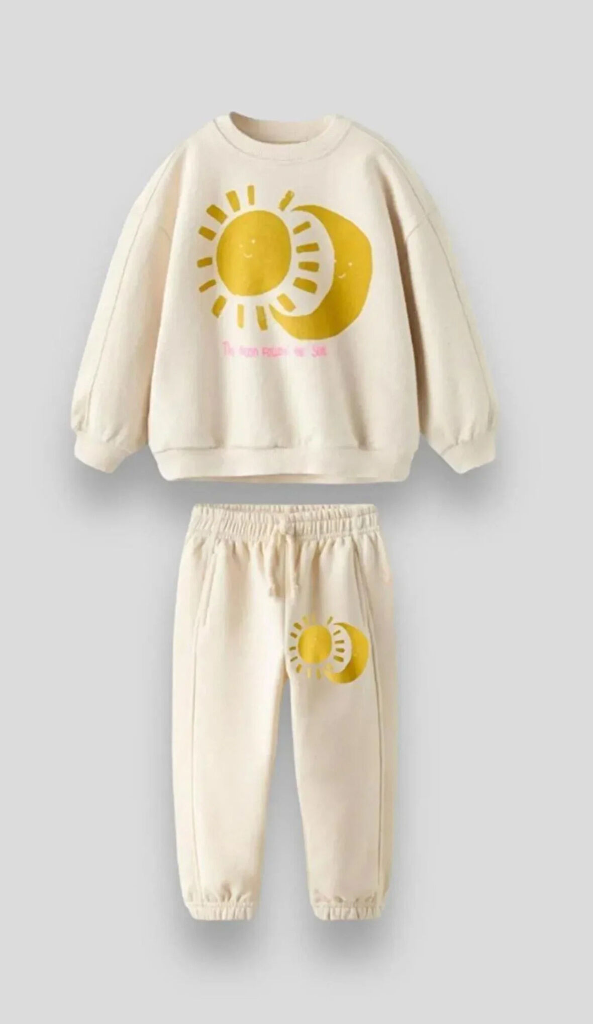 Erkek Çocuk  Ekru Güneş Ay Pamuklu 3 İplik Fırçalı Kumaş Alt Üst Eşofman Takımı