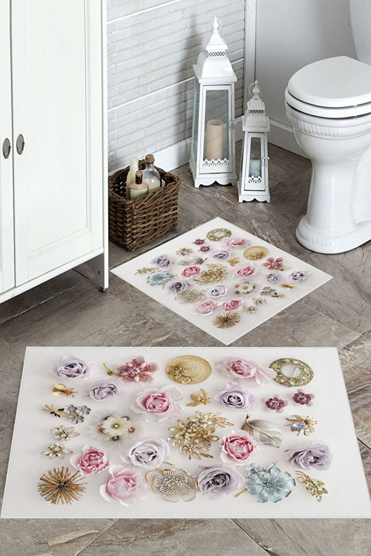 Beyaz Zemin  Kaymaz Taban Çiçek Banyo Paspası  BP-10