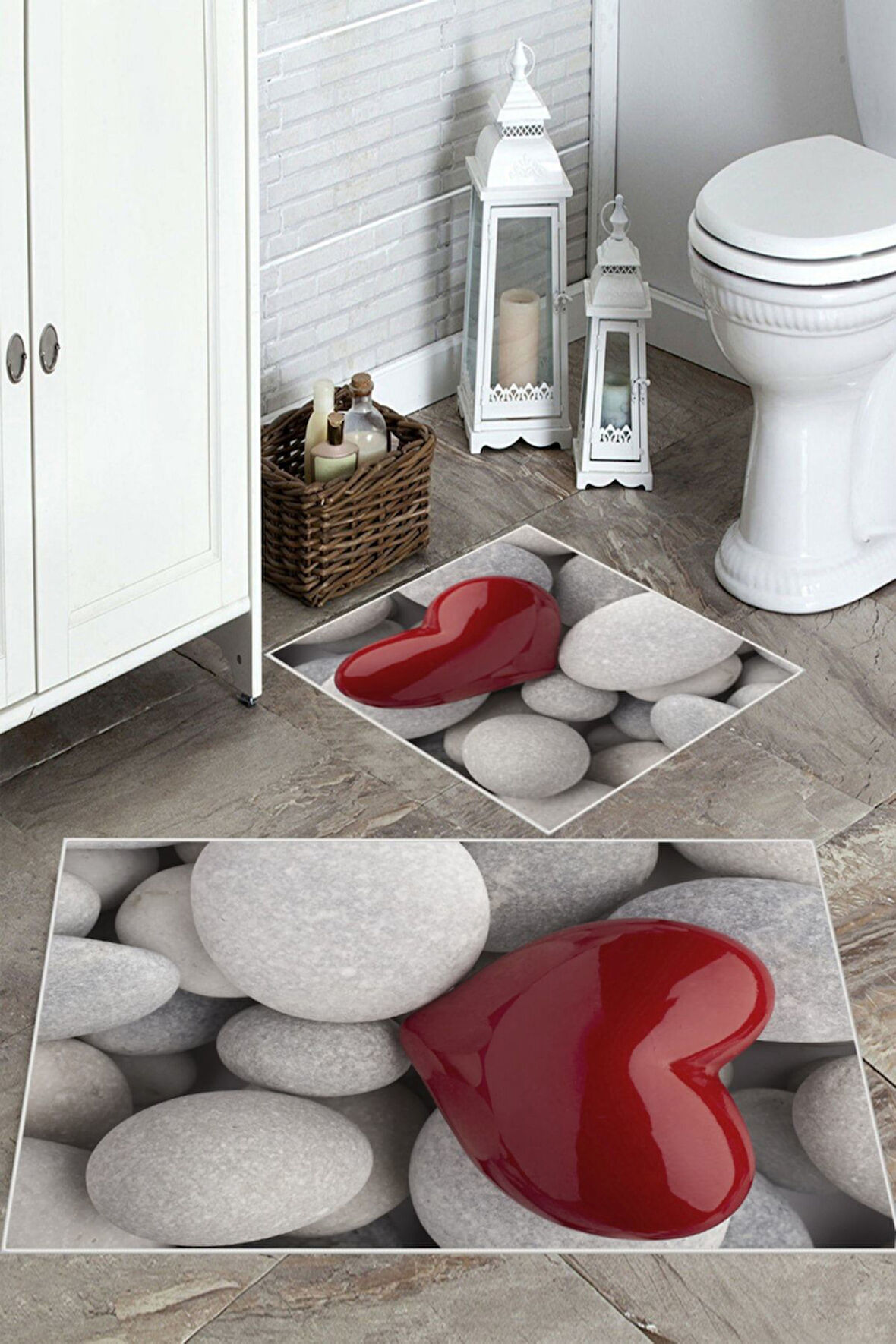 Gri-Kırmızı  Kaymaz Taban Kalp Banyo Paspas  BP-21