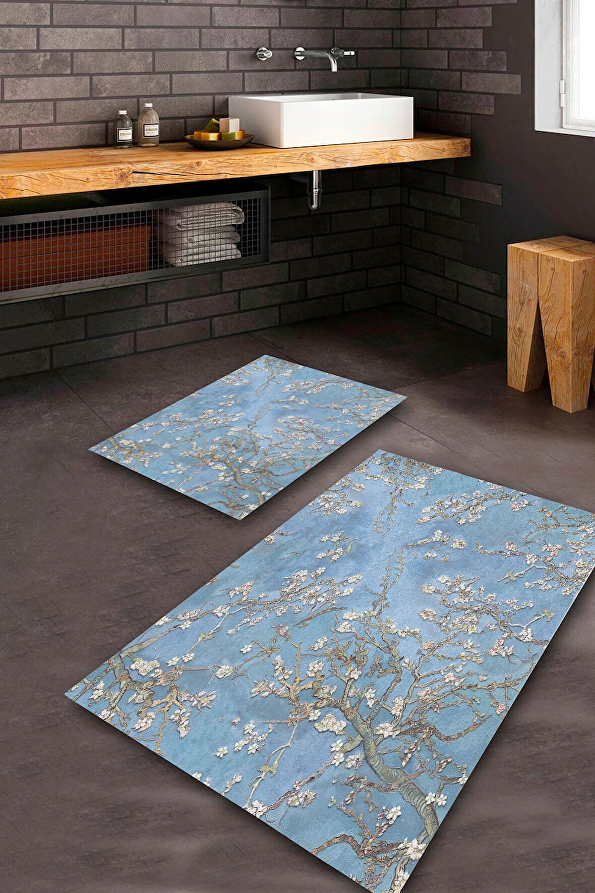 Mavi Pvc Deri Kaymaz Taban Çiçek Banyo Klozet Takımı Saçaksız BPS-1556