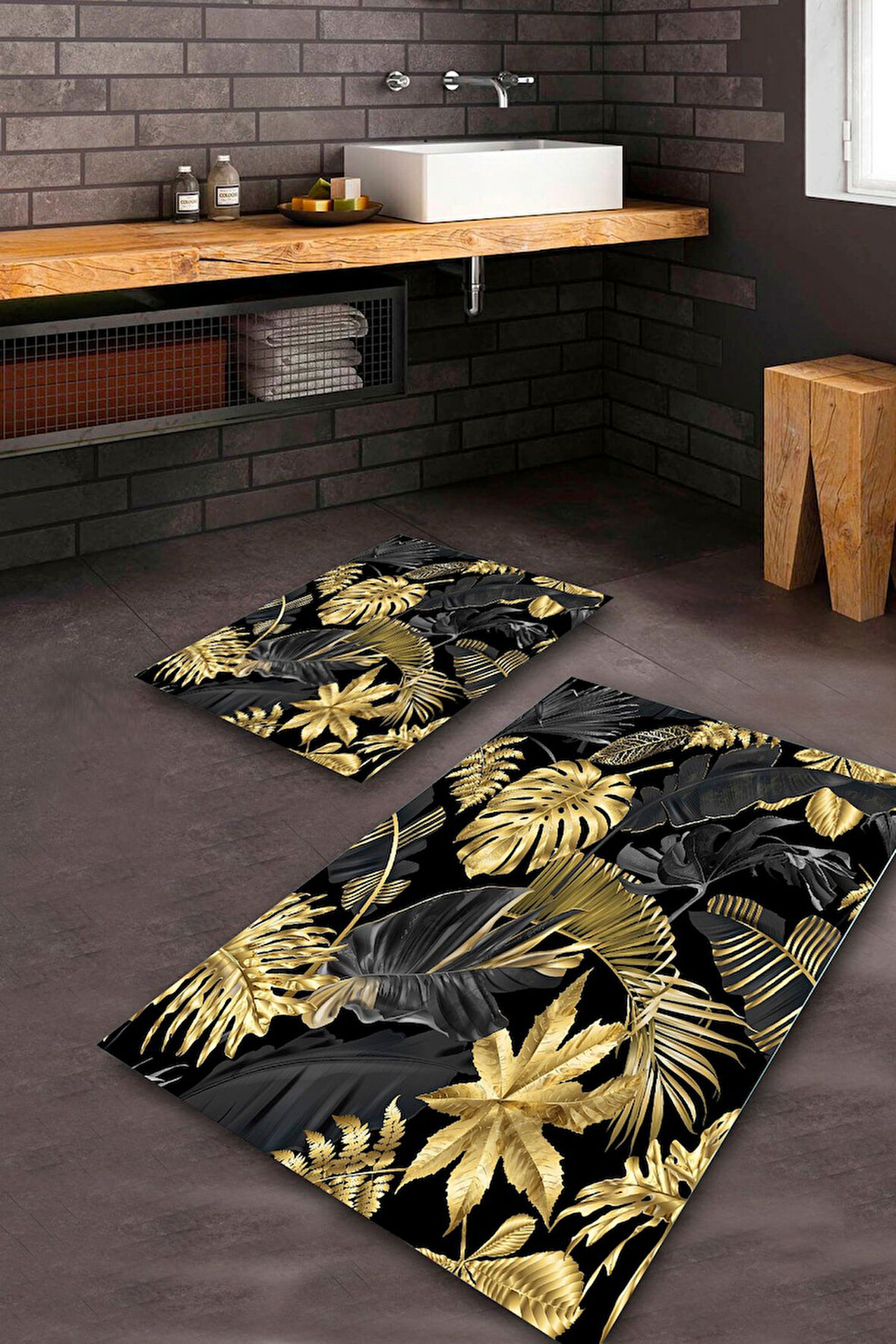 Makinede Yıkanabilir Leke Tutmaz  Siyah-Gold Pvc Deri Saçaksız Yaprak Banyo Klozet Takımı Saçaksız BPS-1676