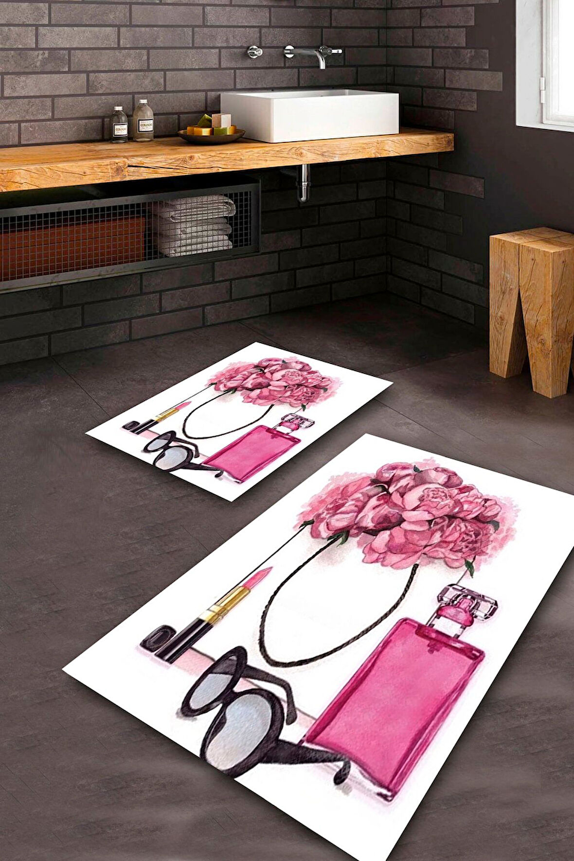 Beyaz-Pembe Pvc Deri Kaymaz Taban Kozmetik Banyo Klozet Takımı Saçaksız BPS-1838