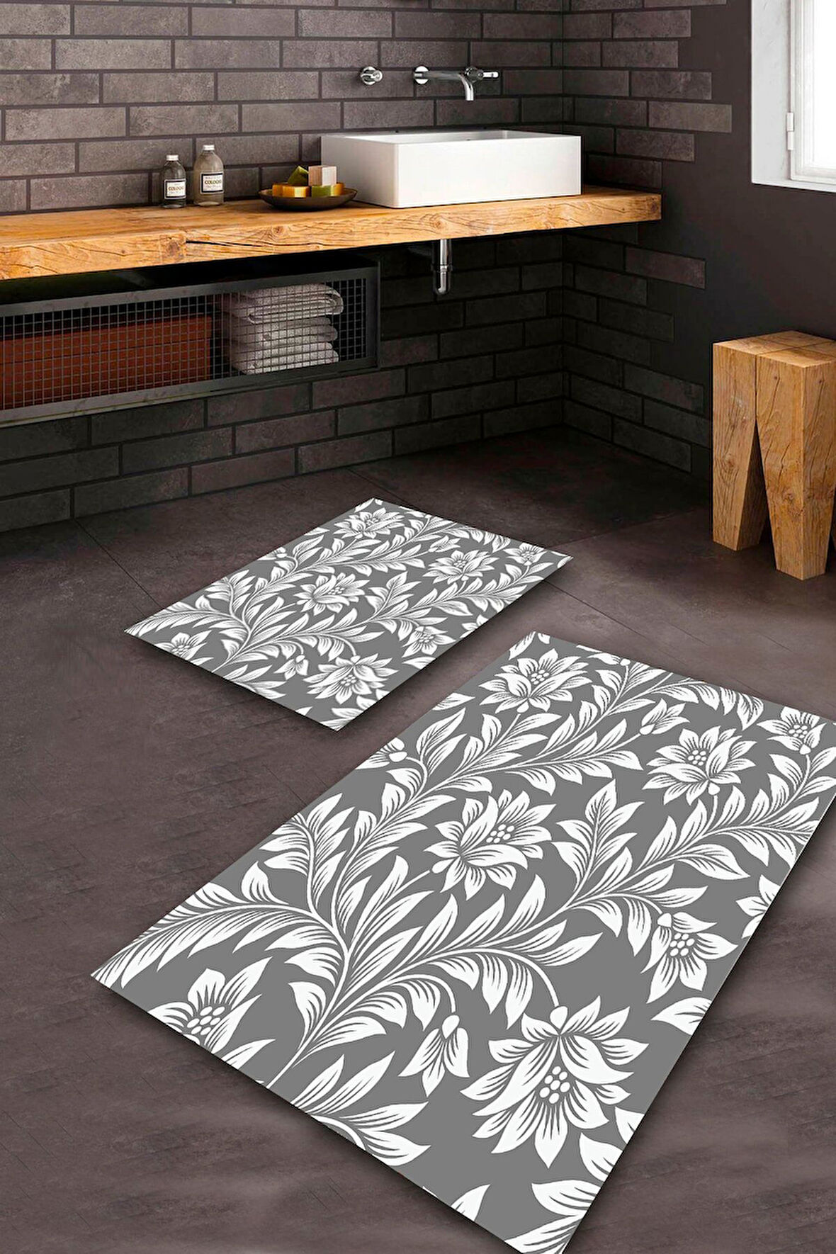 Gri Pvc Deri Kaymaz Taban Çiçek Banyo Klozet Takımı Saçaksız BPS-2158