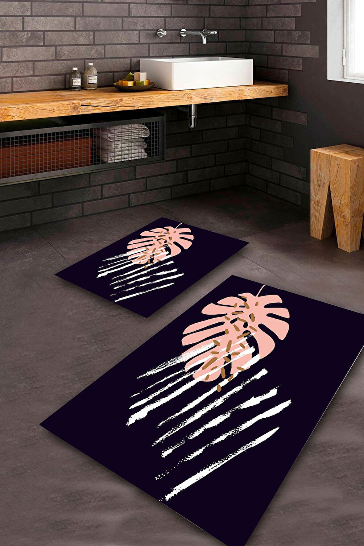 Lacivert-Pembe Pvc Deri Kaymaz Taban Yaprak Banyo Klozet Takımı Saçaksız BPS-4337