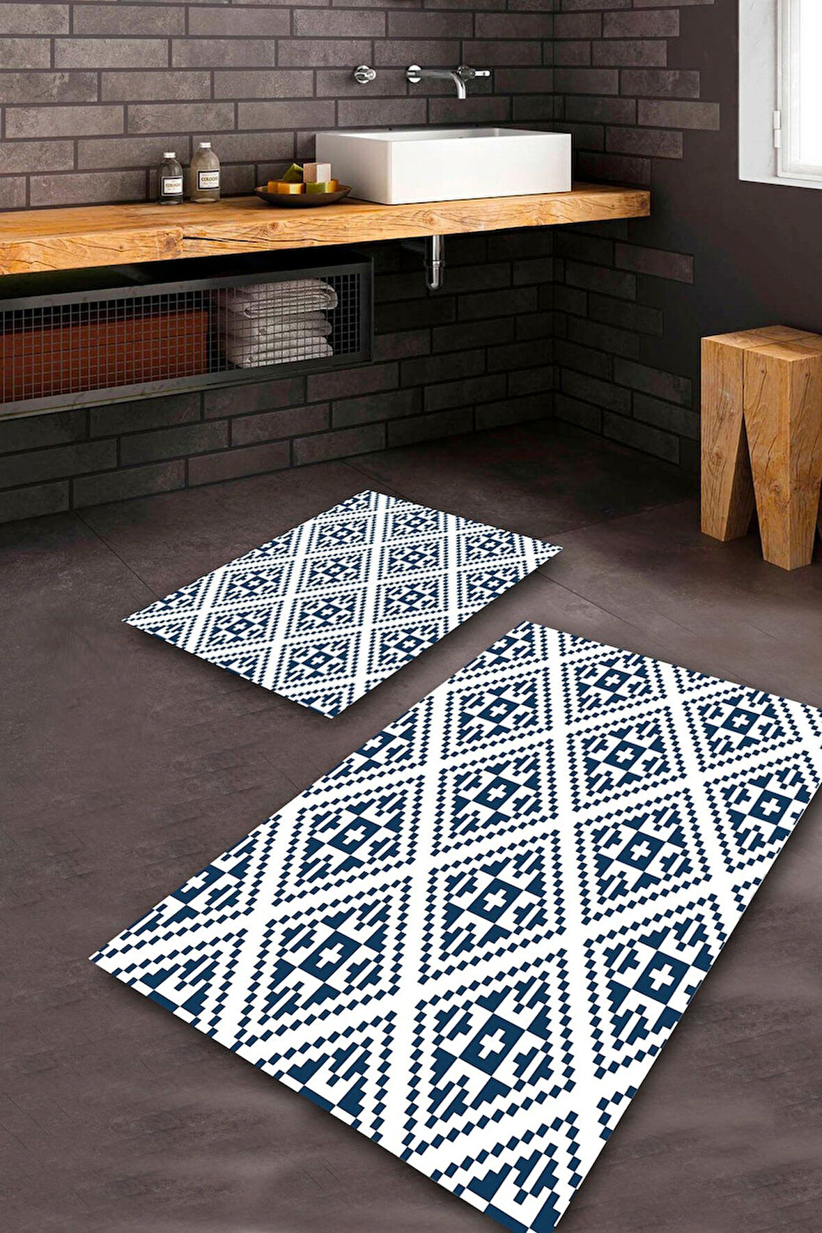 Makinede Yıkanabilir Leke Tutmaz  Multi Pvc Deri Kaymaz Taban Etnik Banyo Klozet Takımı Saçaksız BPS-5567