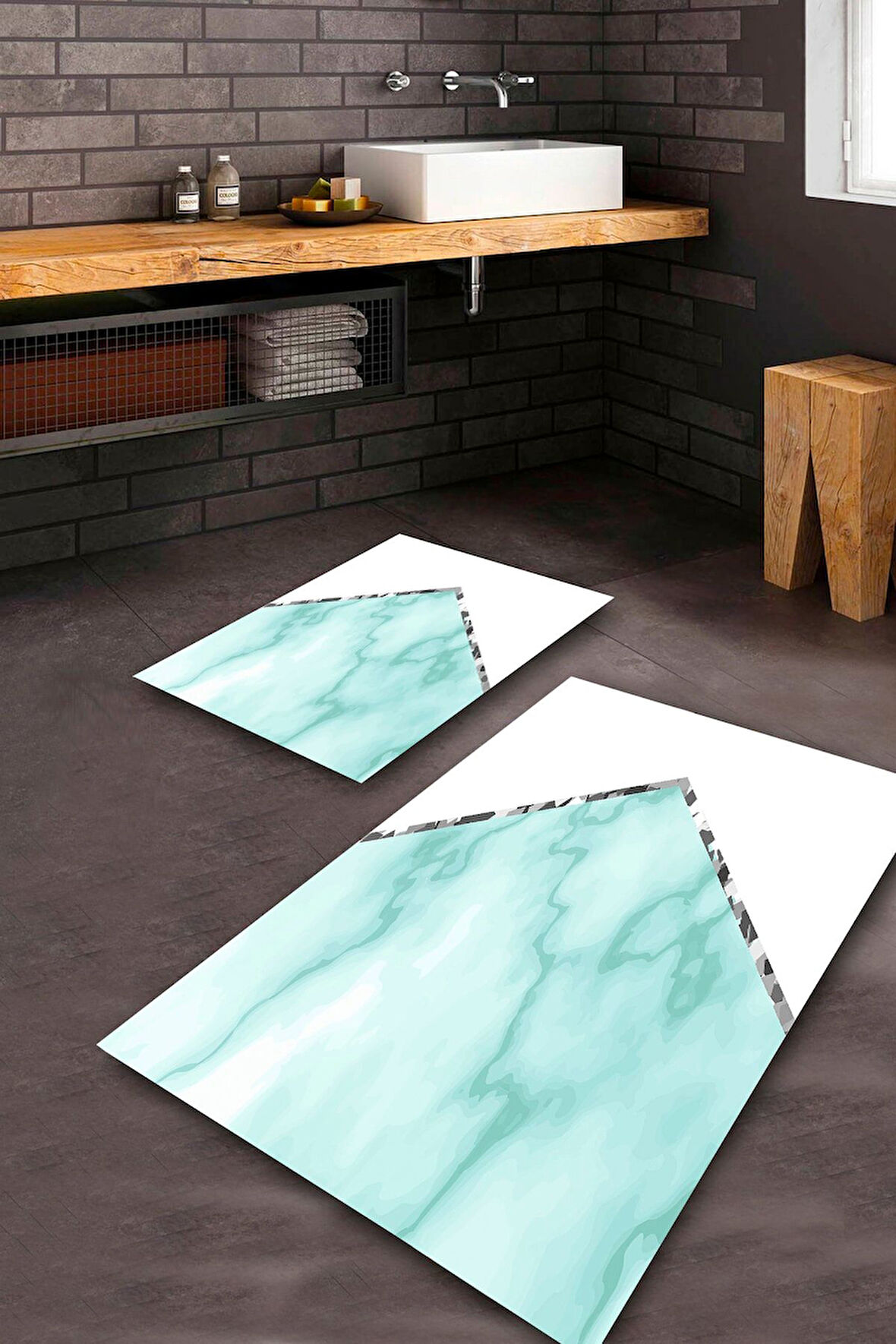 Beyaz-Mavi Pvc Deri Kaymaz Taban Tasarım Banyo Klozet Takımı Saçaksız BPS-5577