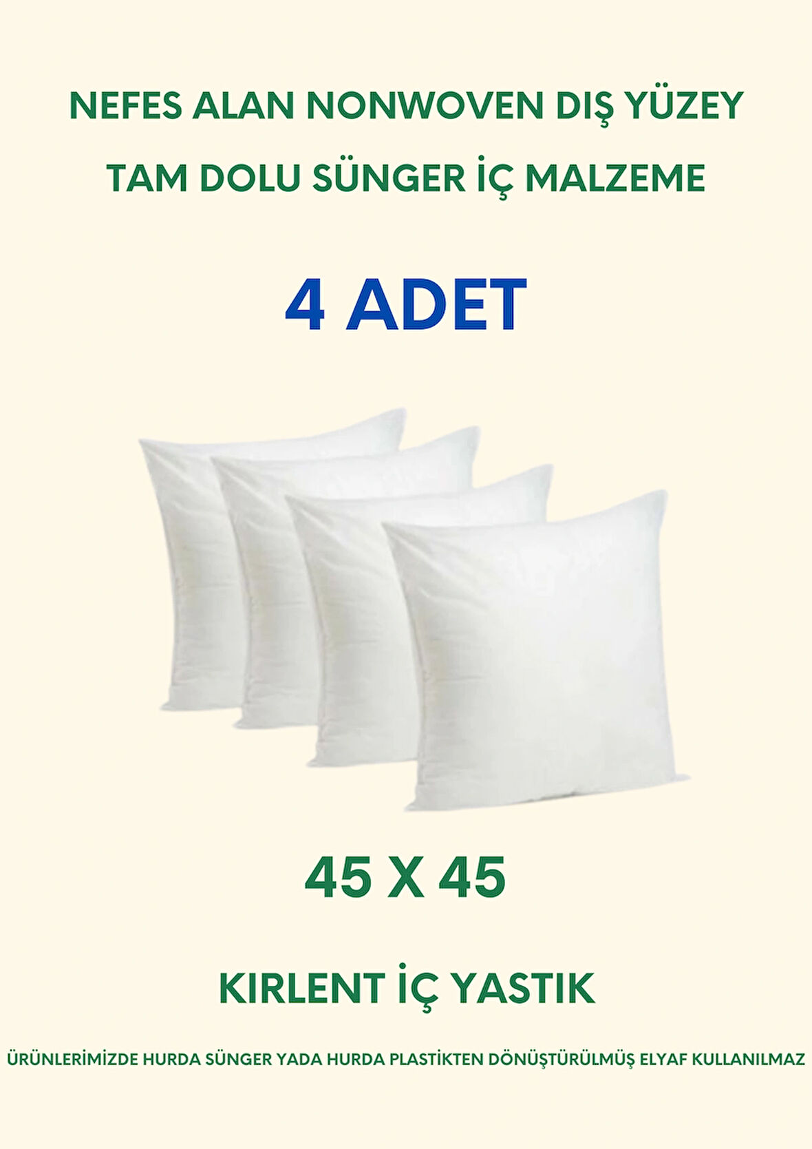 4' lü - 45x45 cm - Kırlent İç Yastık - Tam Dolu 