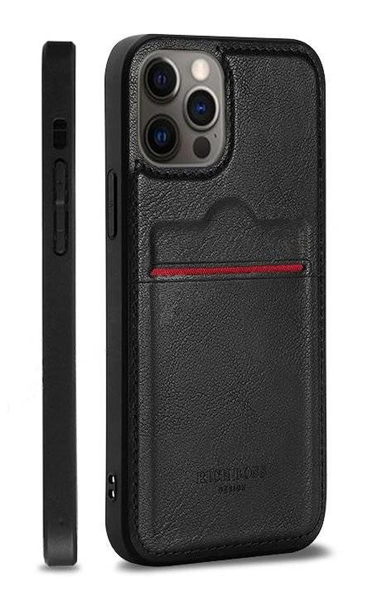 Apple iPhone 12 Pro Max Kartlıklı Rich Boss Lüx Deri Kılıf Siyah