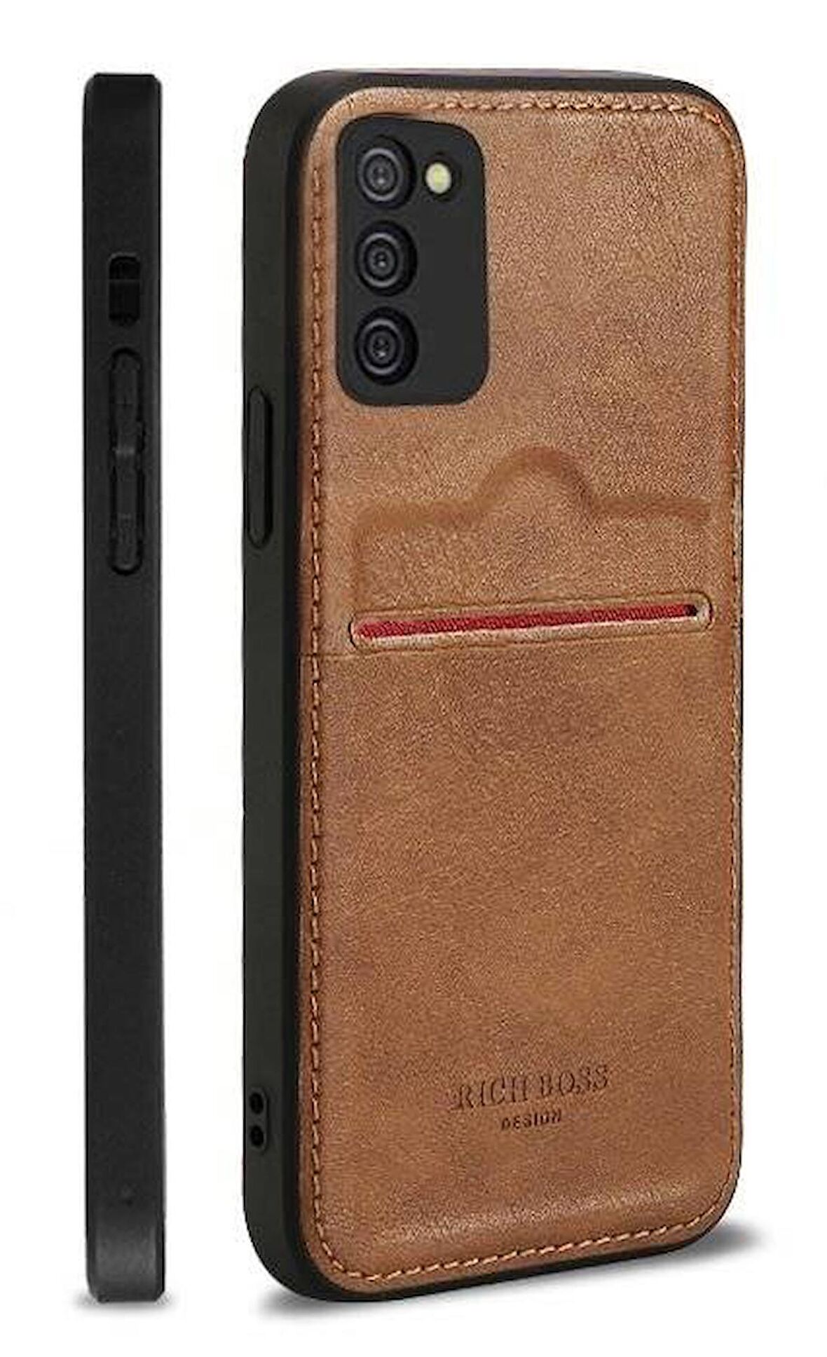 Samsung Galaxy A12 Kartlıklı Rich Boss Lüx Deri Kılıf Açık Kahve