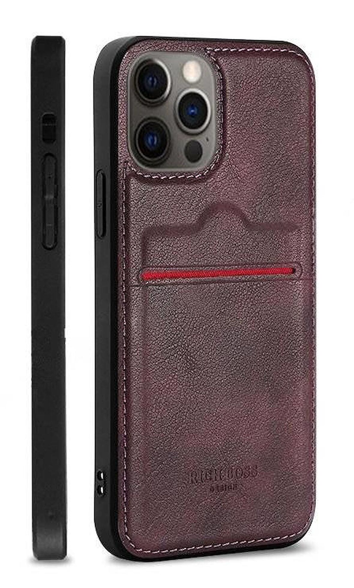 Apple iPhone 14 Pro Max Kartlıklı Rich Boss Lüx Deri Kılıf Koyu Kırmızı
