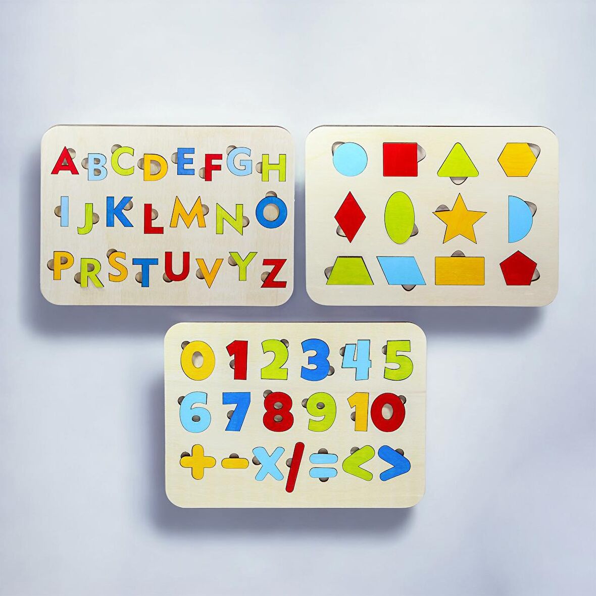 Ahşap 3’lu Eğitici Öğretici Set Yapboz Puzzle Bultak Çocuk Oyuncağı, Alfabe, Rakam, Şekil