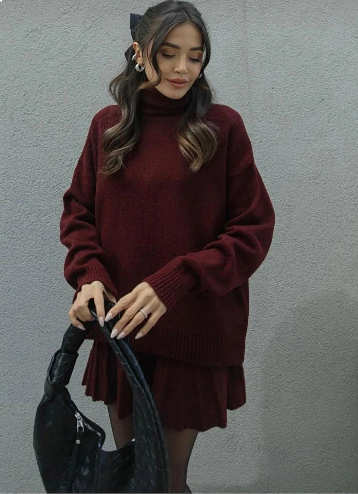 DGN'S BORDO-SİYAH-ANTRASİT PİLİSELİ  KADIN ETEKLİ TRİKO TAKIM OVERSİZE 