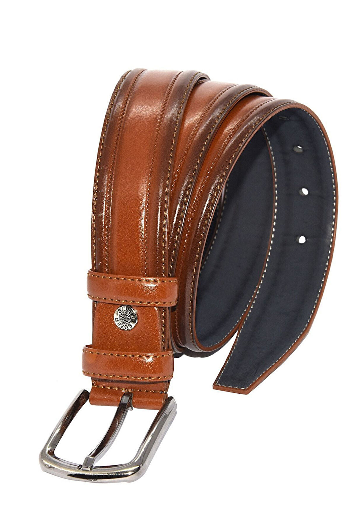 3.5 cm. Klasik Suni Deri Desenli ve Dikişli Model Erkek Kemer Taba