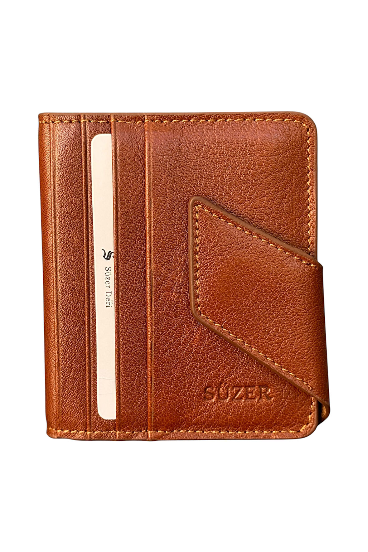 Mıknatıslı ve Kemerli İkiye Katlı Model Hakiki Deri Kredi Kartlık Taba