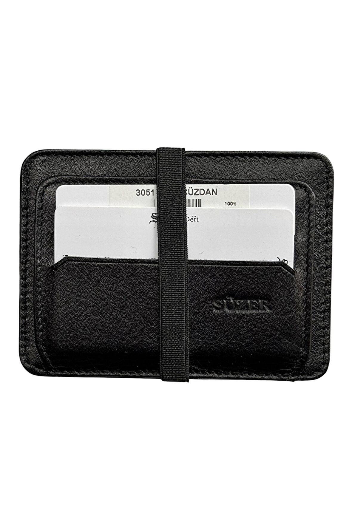 Lastikli İki Katlı Mini Boy İnce Slim Basic Model Hakiki Deri Kredi Kartlık Siyah