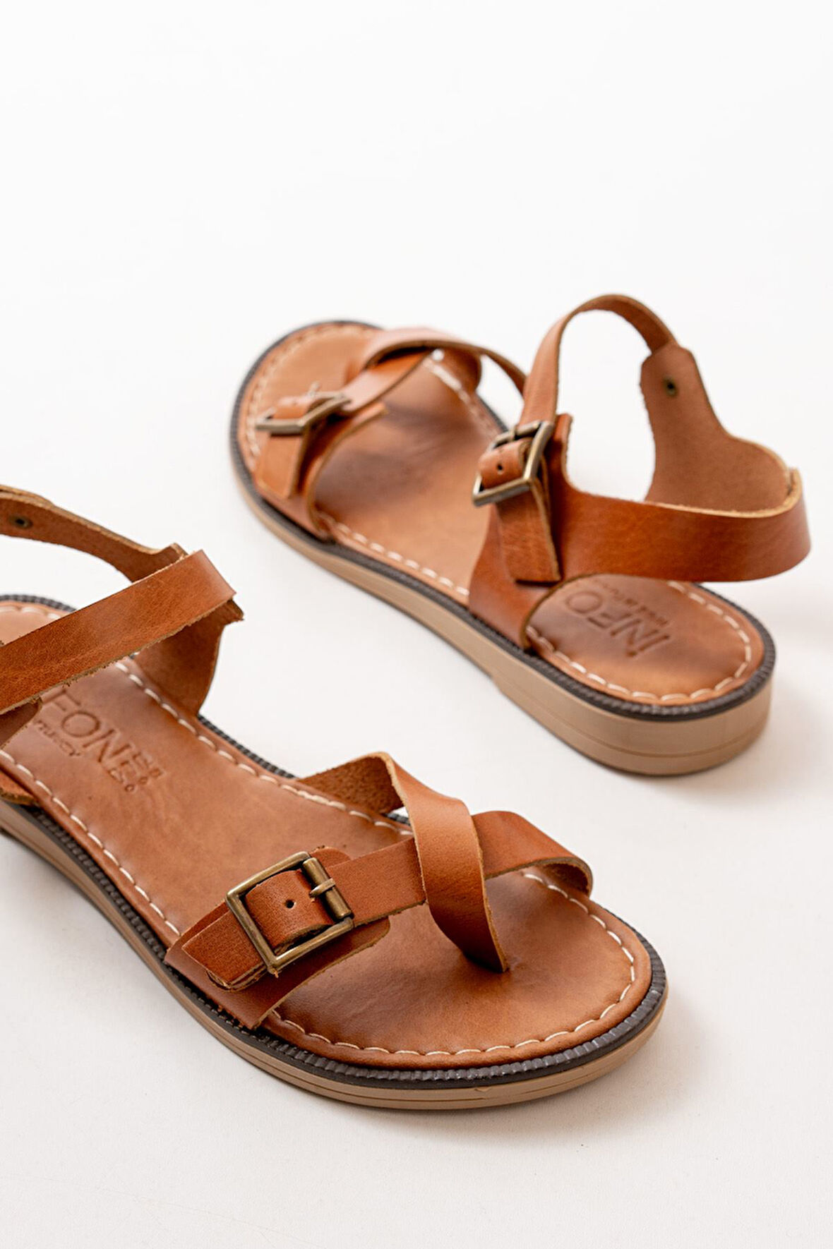 ASFSTORE 205-091 Taba Ortopedik Hakiki Deri Kadın Sandalet