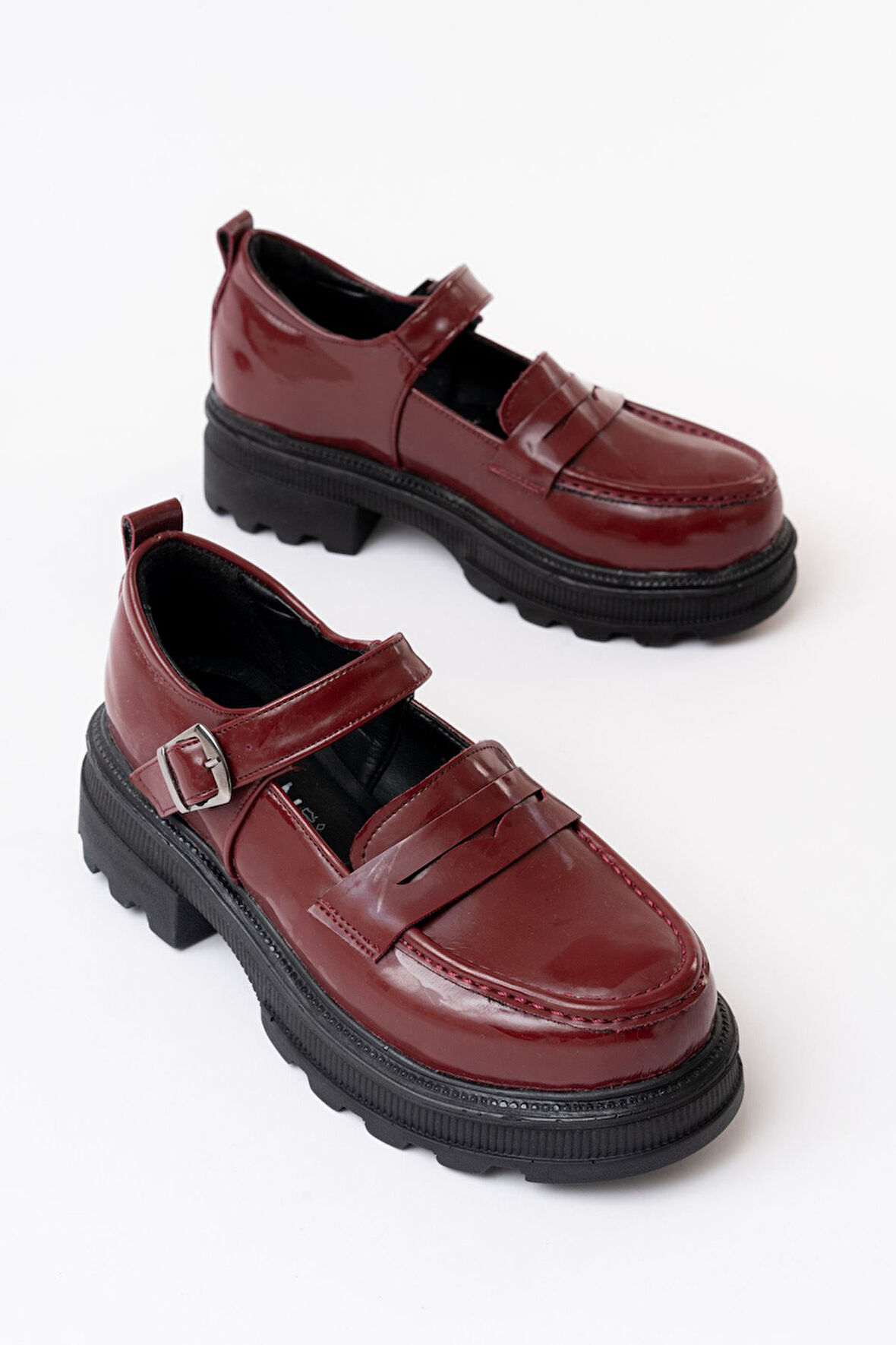 ASFSTORE 745-771 Bordo Rugan Kadın Günlük Yüksek Tabanlı Loafer Ayakkabı