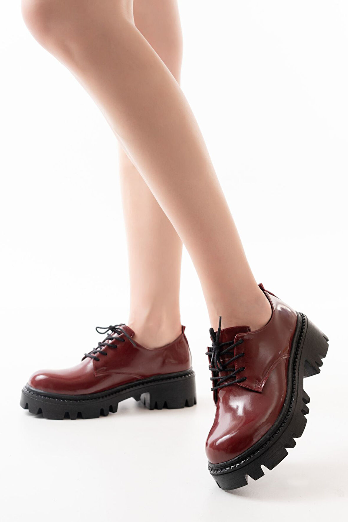 ASFSTORE 868-754 Bordo Rugan Bağcıklı Günlük Yüksek Tabanlı Loafer Ayakkabı