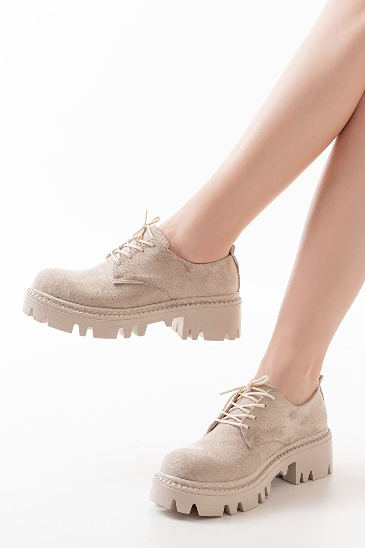 ASFSTORE 868-754 Bej Süet Bağcıklı Günlük Yüksek Tabanlı Loafer Ayakkabı