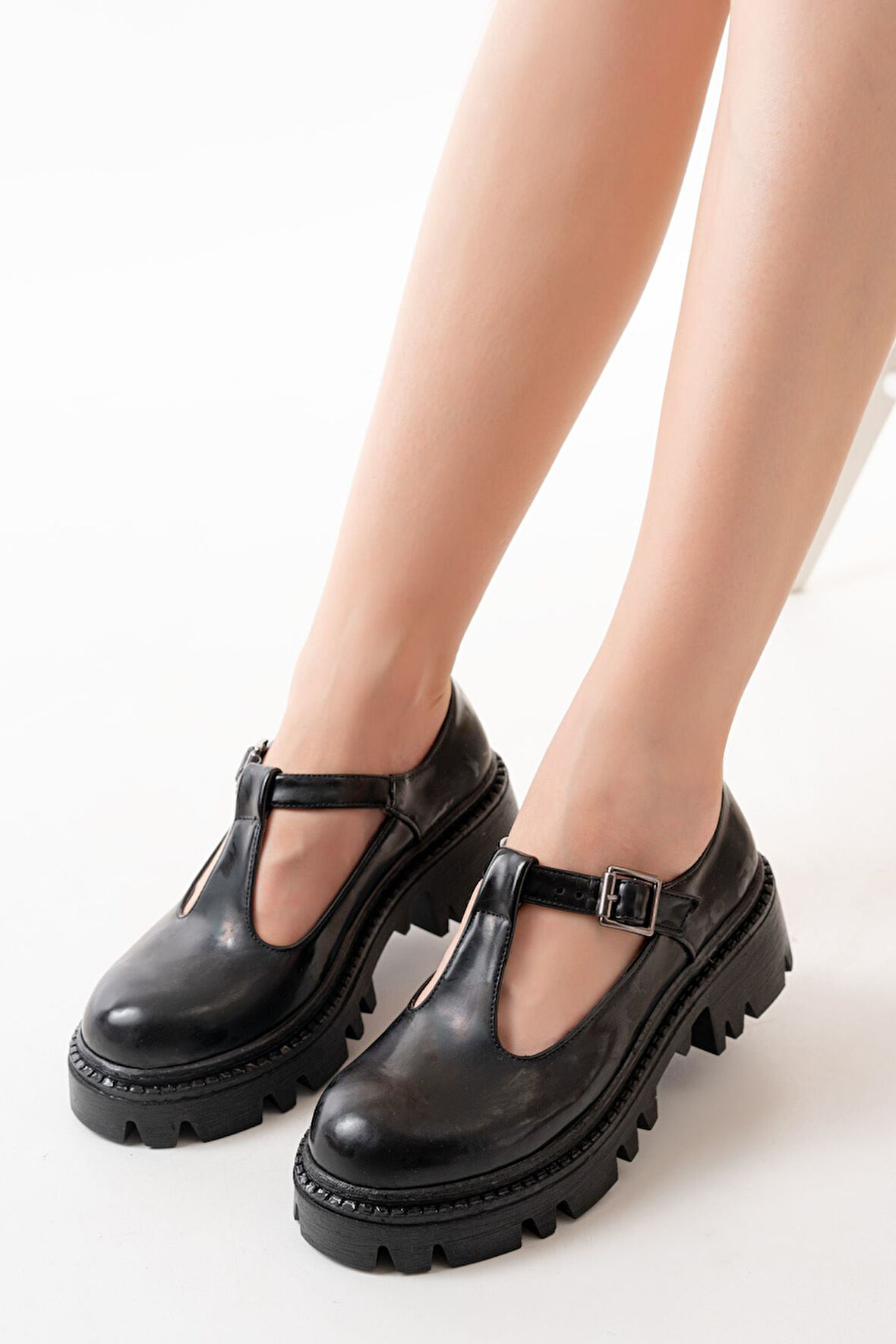 ASFSTORE 868-757 Siyah Rugan Günlük Yüksek Tabanlı Loafer Ayakkabı