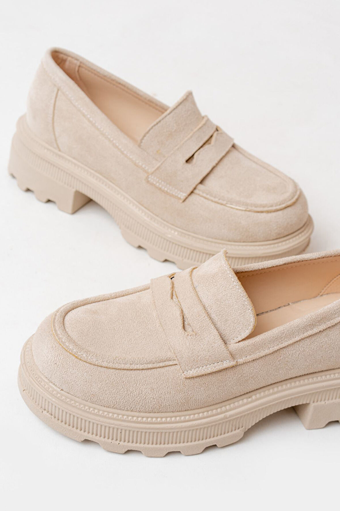ASFSTORE 746-759 Bej Süet Günlük Yüksek Tabanlı Loafer Ayakkabı